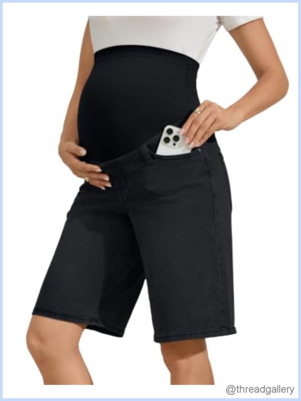 Maternity Denim Shorts Over The Belly Bermuda Jean Wide Leg Knee Length Pockets